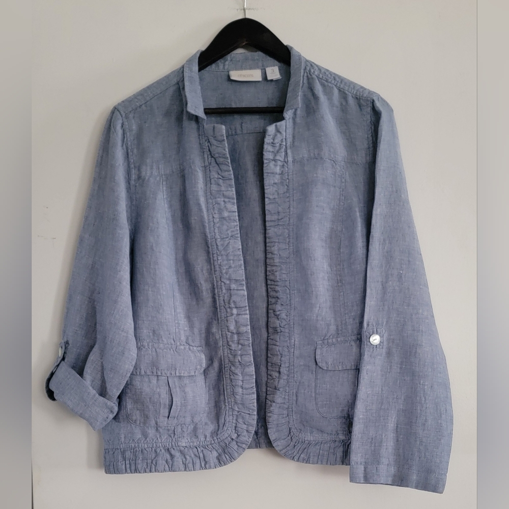 CHICOS Linen Jacket With Pockets And Button Up Sleeves For Versatility